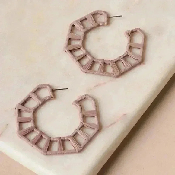 Geo Octagon Raffia Light Brown Hoop Earrings - Picture 1 of 2